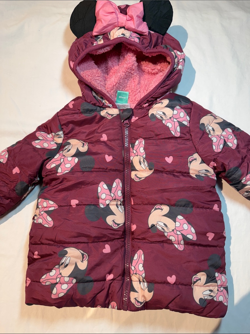 Disney Girls Minnie Mouse Maroon and Pink Hooded Puffer Jacket